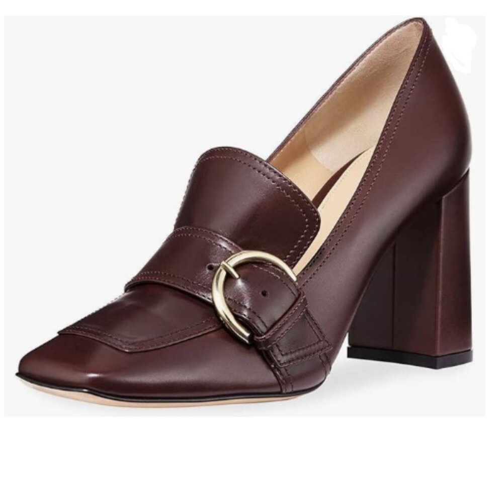Ydn Women Chunky High Heels Square Toe Loafer Shoes Slip On Suede Office Pumps